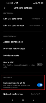 NT Setting Android Wifi Calling VoWifi